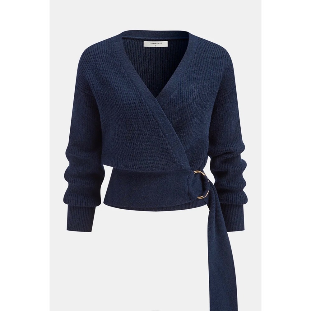 Commense Navy Blue Ribbed Wrap Cardigan Metal Ring Tie Sweater Womens Large NEW